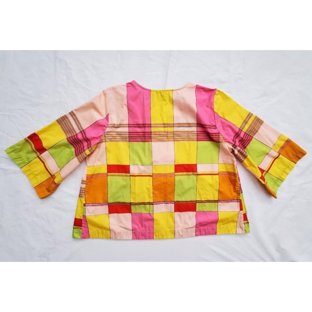 Frances Valentine Relaxed Fit Cotton Poplin Yellow Color-Block Plaid Top Size XL - Picture 3 of 9
